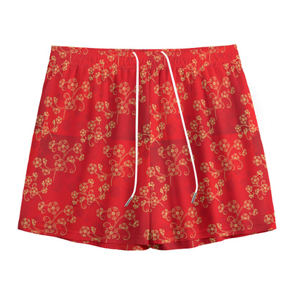 Chinese Cherry Blossom Pattern Print Mesh Shorts
