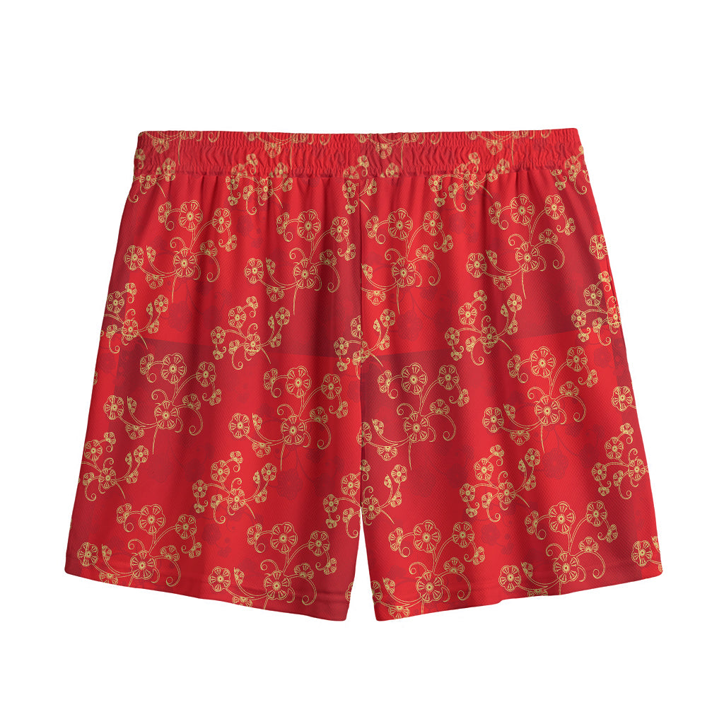 Chinese Cherry Blossom Pattern Print Mesh Shorts
