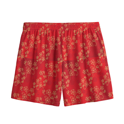 Chinese Cherry Blossom Pattern Print Mesh Shorts