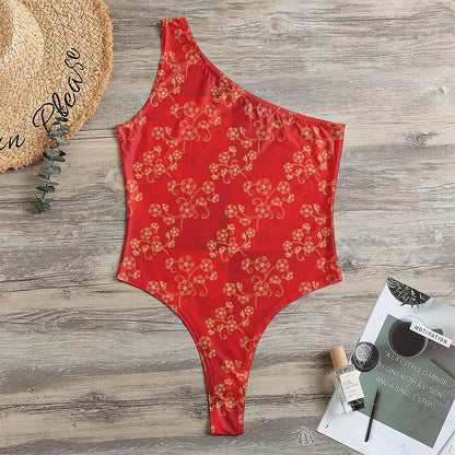 Chinese Cherry Blossom Pattern Print One Shoulder Bodysuit