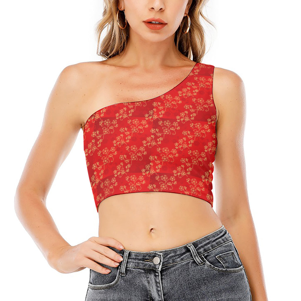 Chinese Cherry Blossom Pattern Print One Shoulder Crop Top