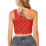 Chinese Cherry Blossom Pattern Print One Shoulder Crop Top