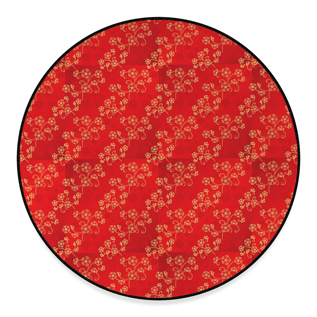 Chinese Cherry Blossom Pattern Print Round Floor Mat
