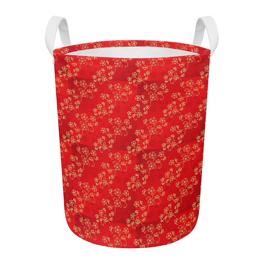 Chinese Cherry Blossom Pattern Print Round Laundry Basket