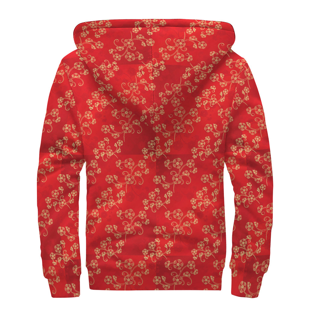 Chinese Cherry Blossom Pattern Print Sherpa Lined Zip Up Hoodie