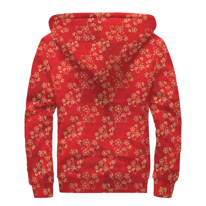 Chinese Cherry Blossom Pattern Print Sherpa Lined Zip Up Hoodie
