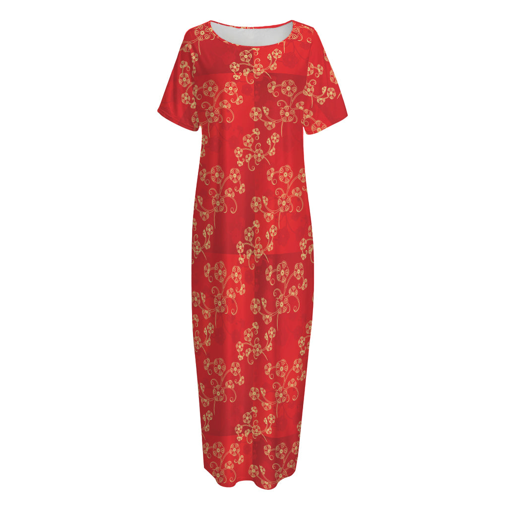 Chinese Cherry Blossom Pattern Print Short Sleeve Long Nightdress