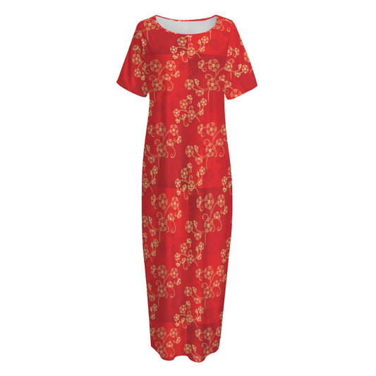 Chinese Cherry Blossom Pattern Print Short Sleeve Long Nightdress