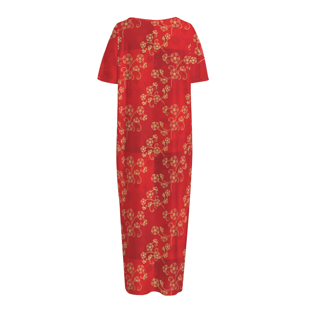 Chinese Cherry Blossom Pattern Print Short Sleeve Long Nightdress