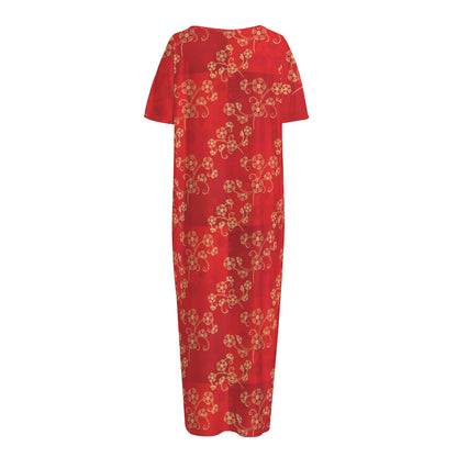 Chinese Cherry Blossom Pattern Print Short Sleeve Long Nightdress