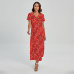 Chinese Cherry Blossom Pattern Print Short Sleeve Maxi Dress