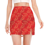 Chinese Cherry Blossom Pattern Print Side Slit Mini Skirt