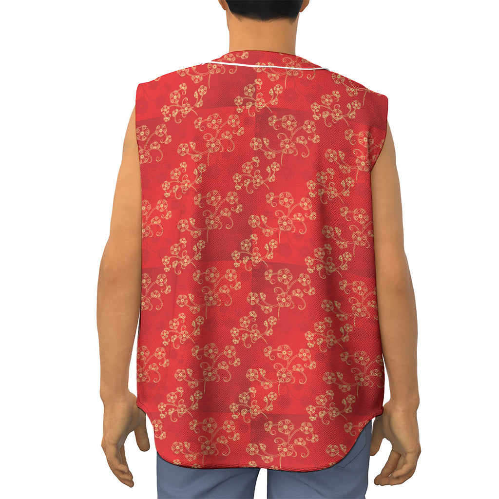 Chinese Cherry Blossom Pattern Print Sleeveless Baseball Jersey