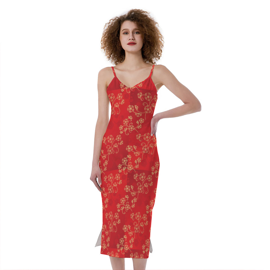 Chinese Cherry Blossom Pattern Print Slim Fit Midi Cami Dress