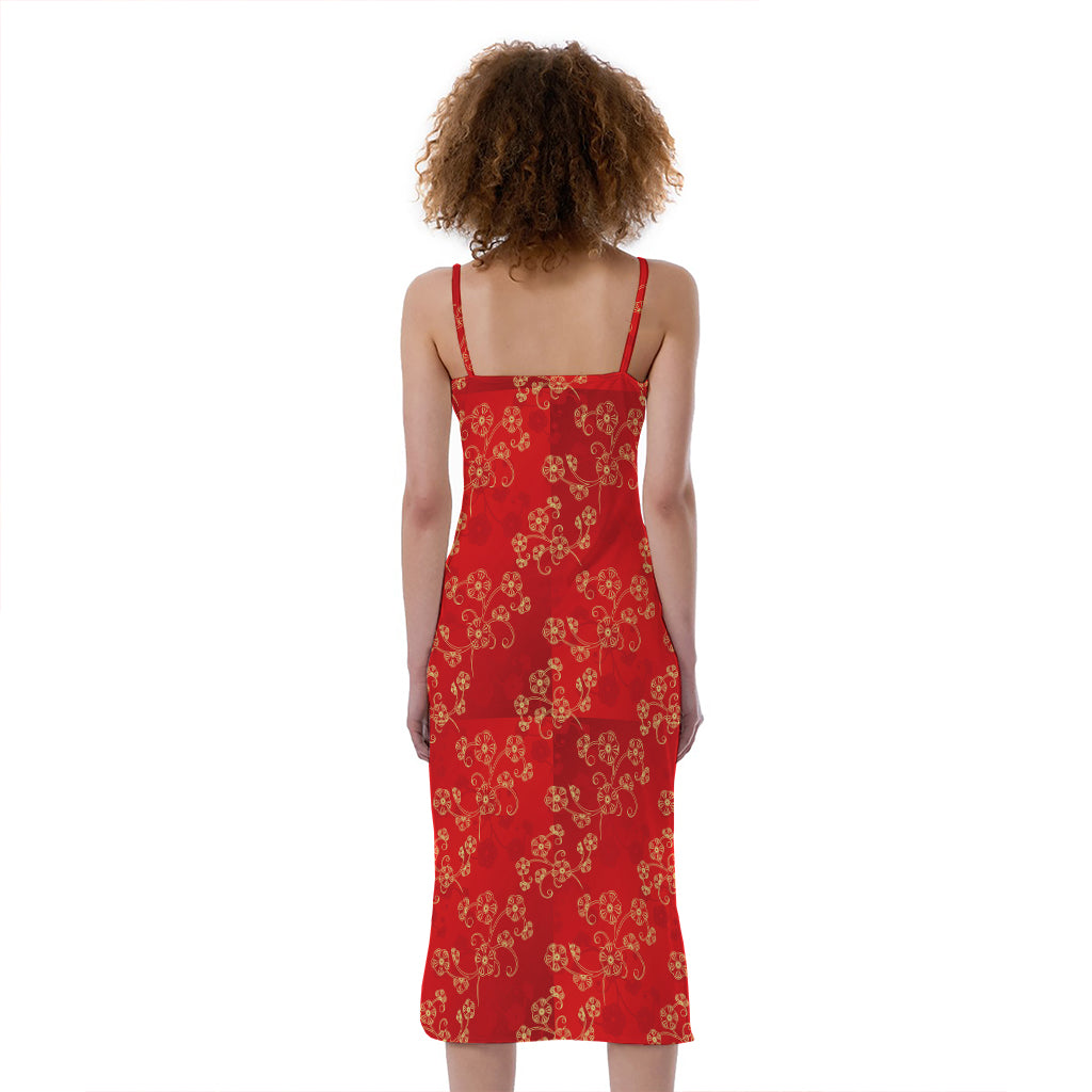Chinese Cherry Blossom Pattern Print Slim Fit Midi Cami Dress