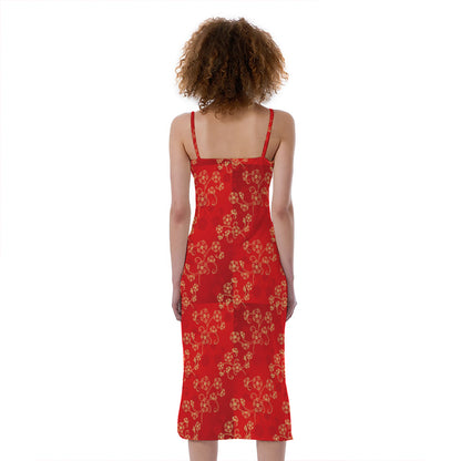 Chinese Cherry Blossom Pattern Print Slim Fit Midi Cami Dress