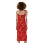 Chinese Cherry Blossom Pattern Print Slim Fit Midi Cami Dress