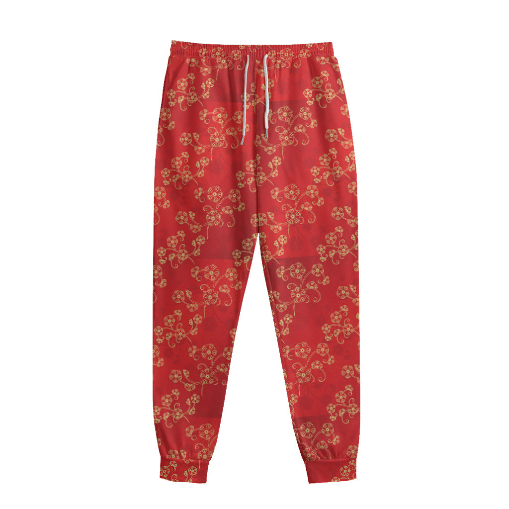Chinese Cherry Blossom Pattern Print Sweatpants