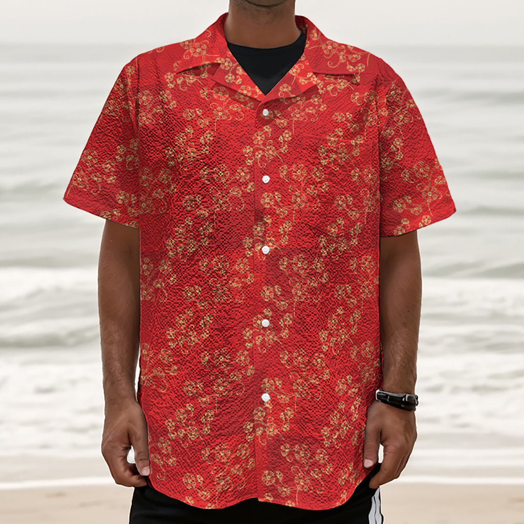 Chinese Cherry Blossom Pattern Print Textured Short Sleeve Shirt