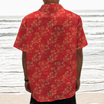 Chinese Cherry Blossom Pattern Print Textured Short Sleeve Shirt