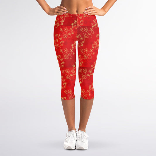 Chinese Cherry Blossom Pattern Print Women's Capri Leggings