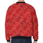 Chinese Cherry Blossom Pattern Print Zip Sleeve Bomber Jacket