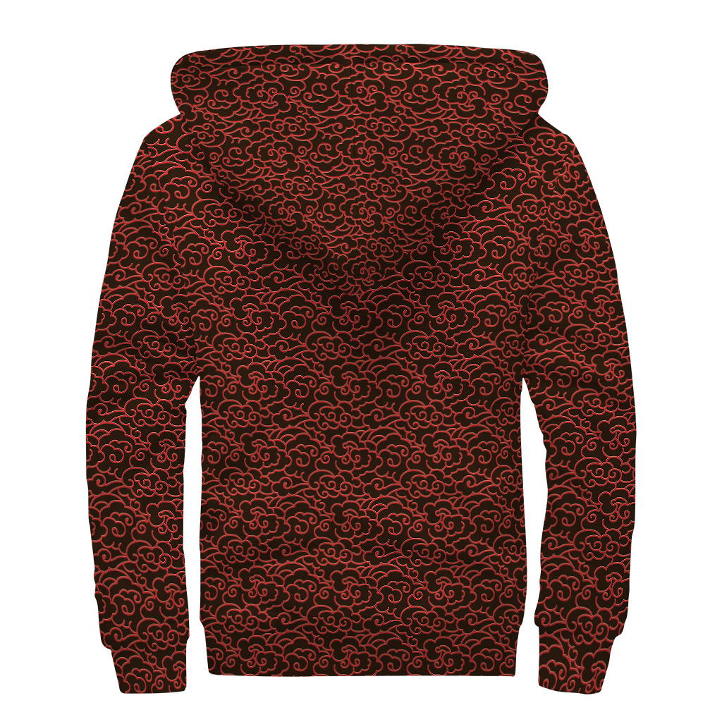 Chinese Cloud Pattern Print Sherpa Lined Zip Up Hoodie