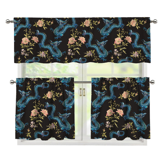 Chinese Dragon And Flower Pattern Print 3 Piece Kitchen Curtains