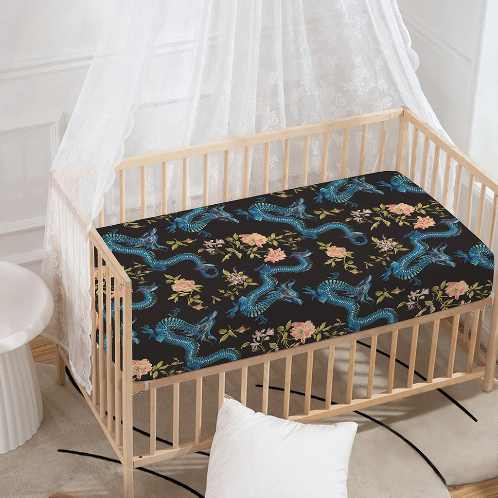 Chinese Dragon And Flower Pattern Print Baby Crib Sheet