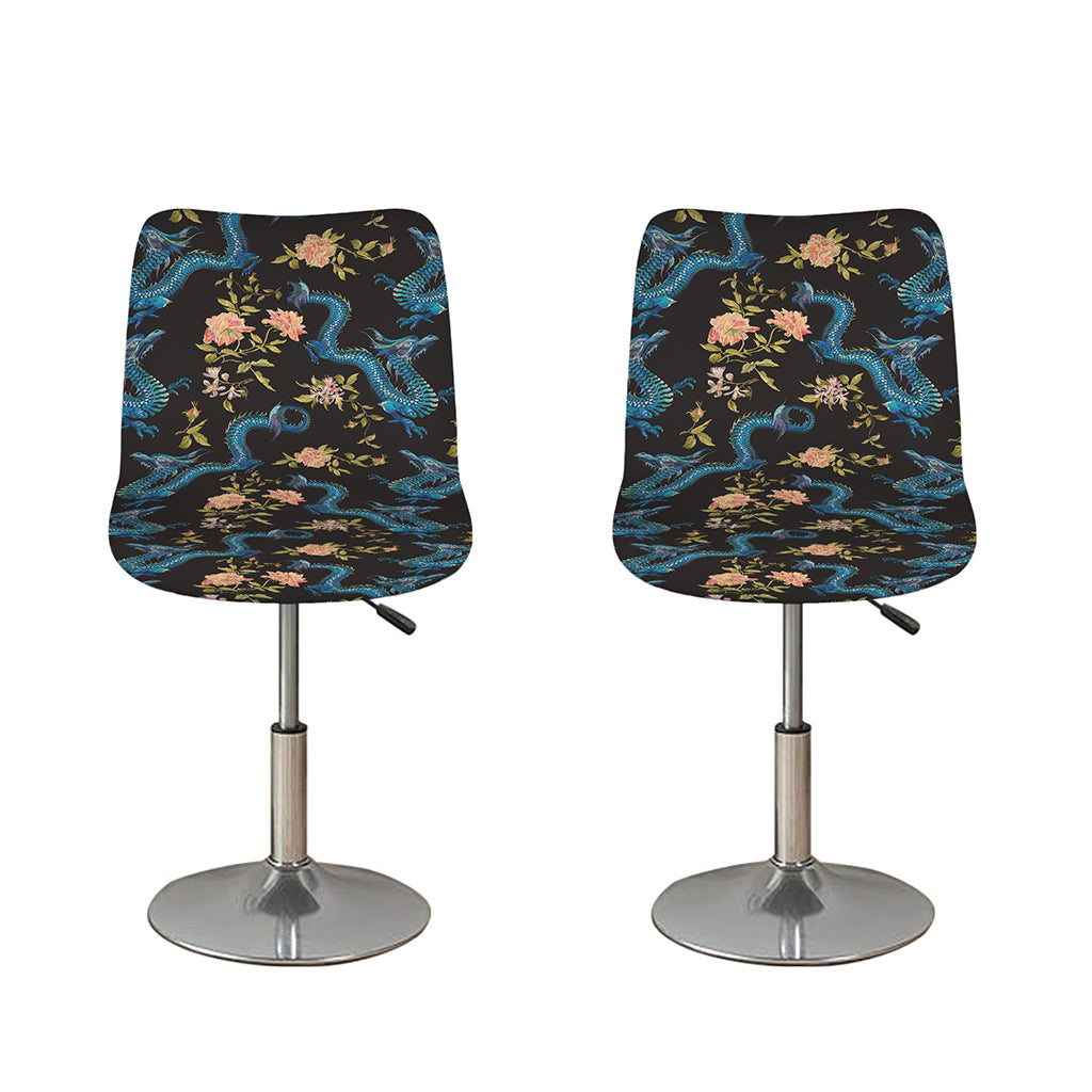Chinese Dragon And Flower Pattern Print Bar Stool Covers
