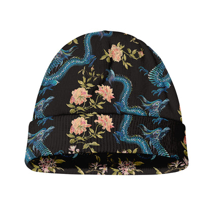 Chinese Dragon And Flower Pattern Print Beanie