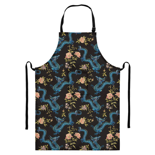 Chinese Dragon And Flower Pattern Print Bib Apron With Pocket