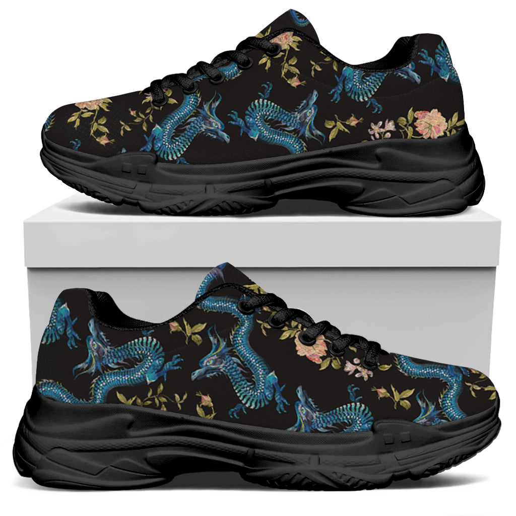Chinese Dragon And Flower Pattern Print Black Chunky Shoes