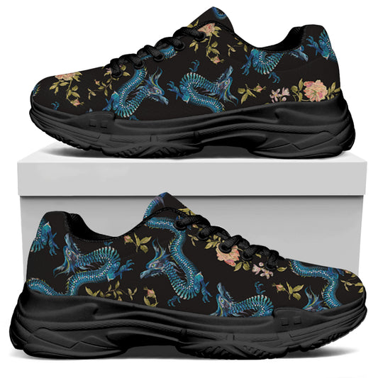 Chinese Dragon And Flower Pattern Print Black Chunky Shoes