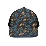 Chinese Dragon And Flower Pattern Print Black Mesh Trucker Cap
