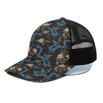 Chinese Dragon And Flower Pattern Print Black Mesh Trucker Cap