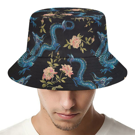 Chinese Dragon And Flower Pattern Print Bucket Hat