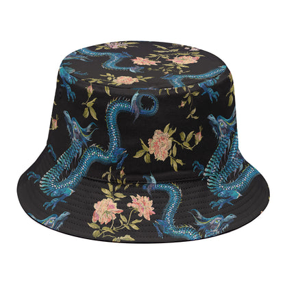 Chinese Dragon And Flower Pattern Print Bucket Hat
