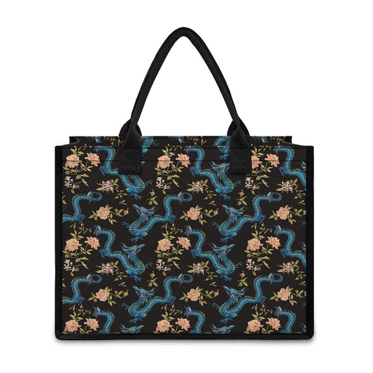 Chinese Dragon And Flower Pattern Print Canvas Tote Bag