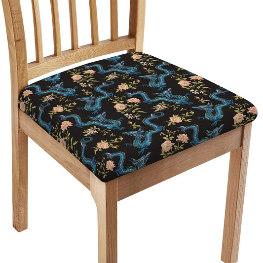 Chinese Dragon And Flower Pattern Print Chair Cushion Cover