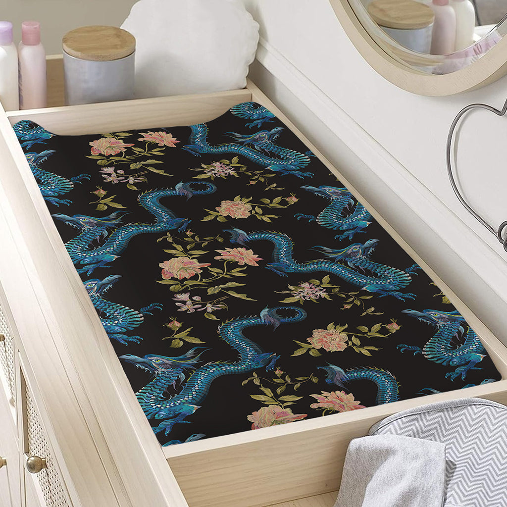 Chinese Dragon And Flower Pattern Print Changing Pad Cover
