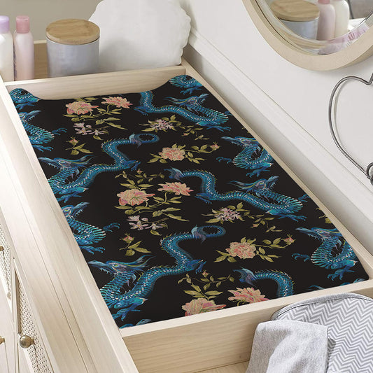Chinese Dragon And Flower Pattern Print Changing Pad Cover