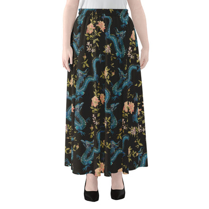 Chinese Dragon And Flower Pattern Print Chiffon Maxi Skirt