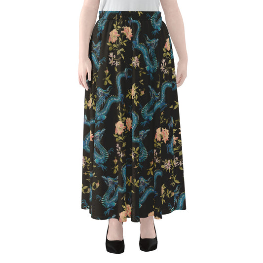 Chinese Dragon And Flower Pattern Print Chiffon Maxi Skirt