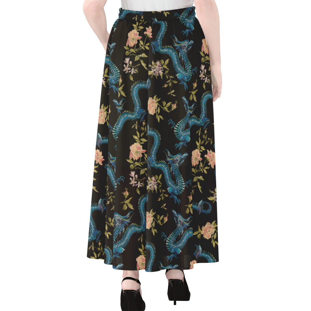 Chinese Dragon And Flower Pattern Print Chiffon Maxi Skirt