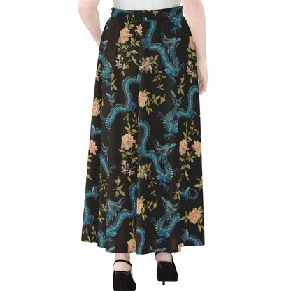 Chinese Dragon And Flower Pattern Print Chiffon Maxi Skirt