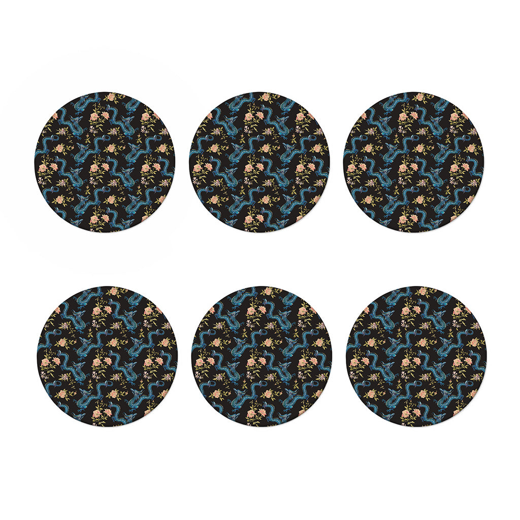 Chinese Dragon And Flower Pattern Print Coaster Set