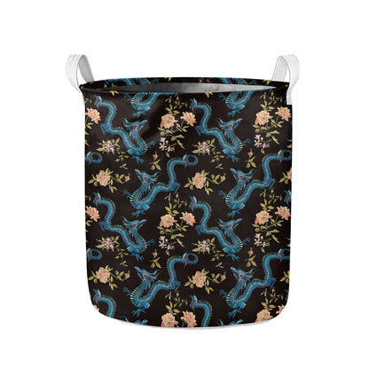 Chinese Dragon And Flower Pattern Print Collapsible Laundry Basket