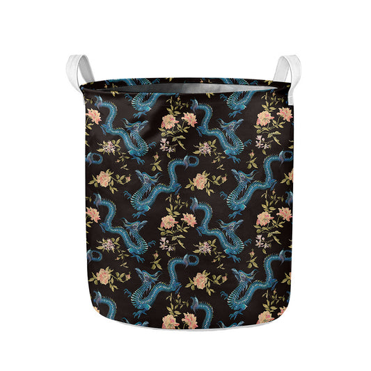 Chinese Dragon And Flower Pattern Print Collapsible Laundry Basket