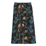 Chinese Dragon And Flower Pattern Print Cotton Front Slit Maxi Skirt